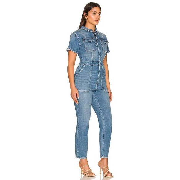 Good American Fit For Success Denim Jumpsuit Short Sleeve Utility Size 3XL/ 6 - Picture 2 of 8